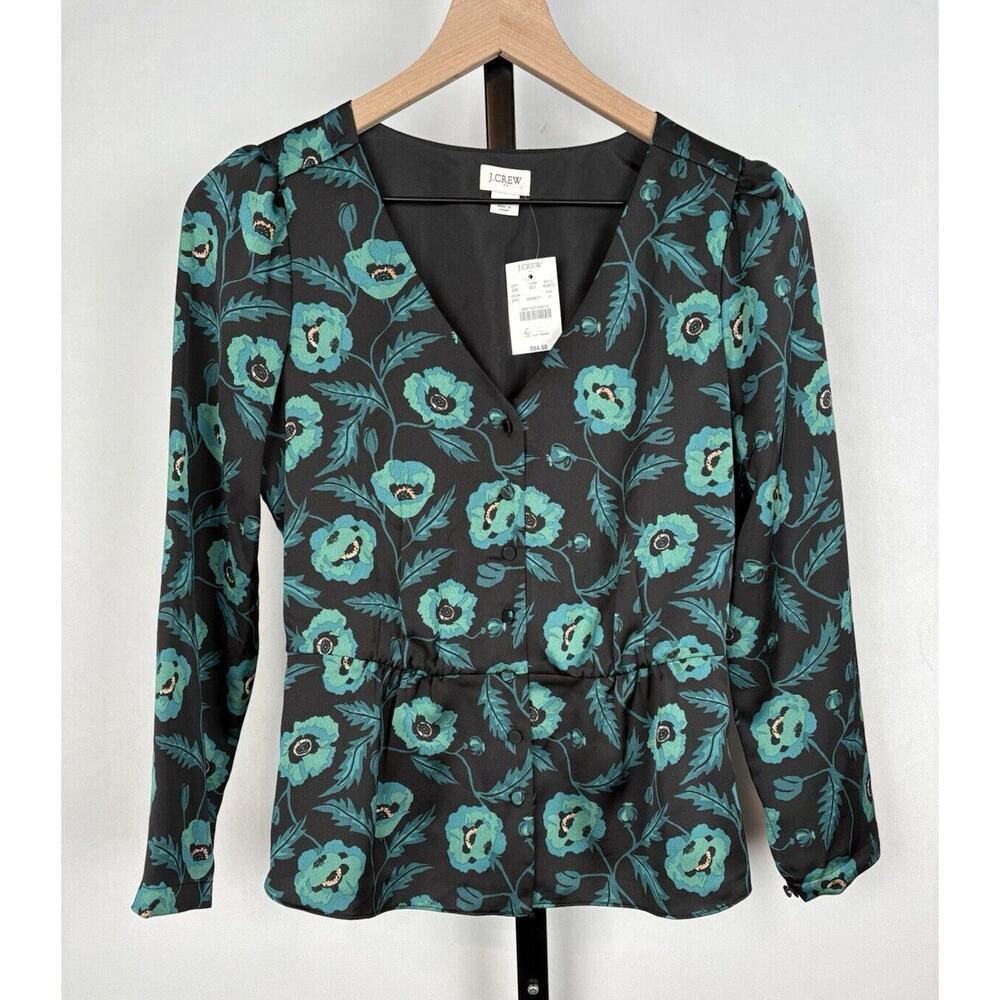 J. Crew Satin Back Crepe Button-front Blouse 0 Black Green Floral V-Neck NWT